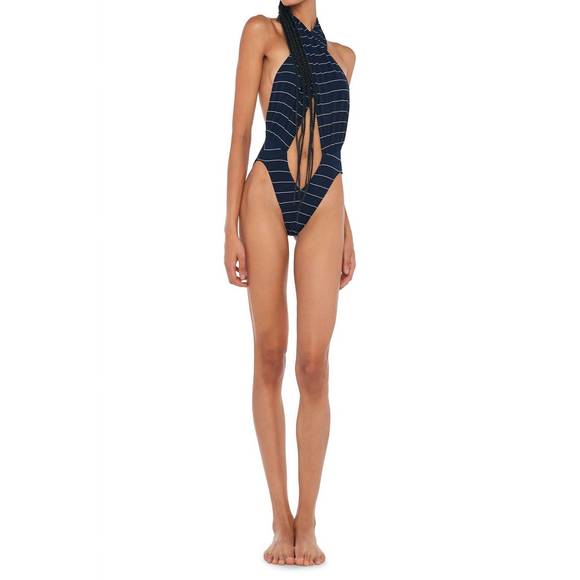 NEW SUSANA MONACO cross halter bodysuit in navy pinstripe - Picture 1 of 3